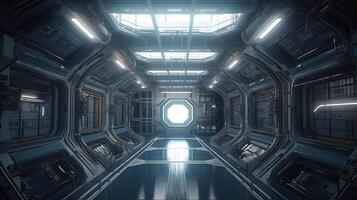 desolate space station corridor, digital art illustration, photo