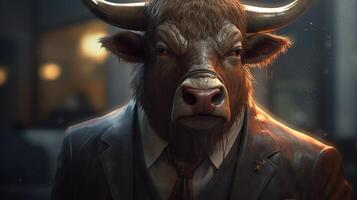 buffalo wearing suit, digital art illustration, photo