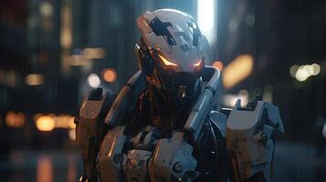 science fiction military robot with glowing eyes, digital art illustration, photo