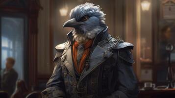 anthropomorphic grey bird, digital art illustration, photo
