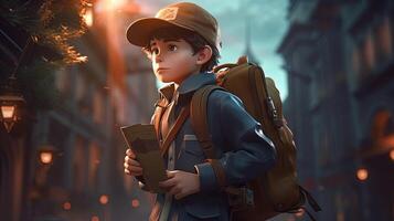 young boy adventurer courier, digital art illustration, photo