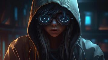 mysterious figure wearing hood and cyber glasses, digital art illustration, photo
