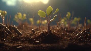 soil with seedling sprouts, digital art illustration, photo