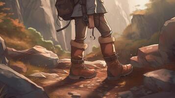 hiker walking on mountain trail, digital art illustration, photo
