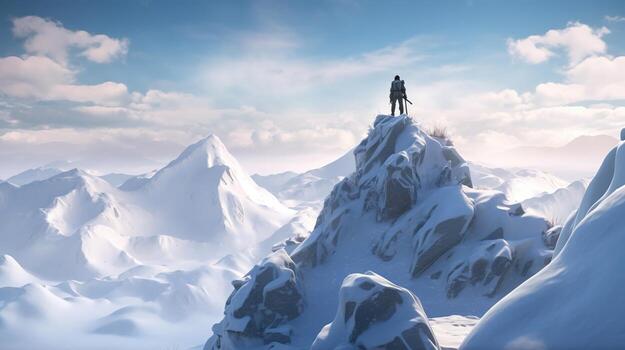 adventurer stand atop snow mountain, digital art illustration, photo