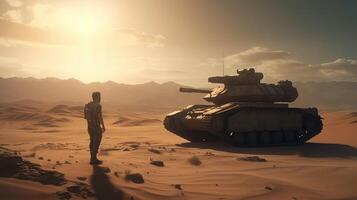man stand in front of tank in desert, digital art illustration, photo