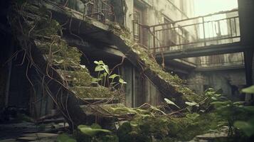 abandoned building with growing plants, digital art illustration, photo