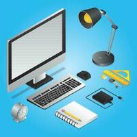 3D workplace view of computer with table lamp, note book, power bank and geometric elements on blue background. vector