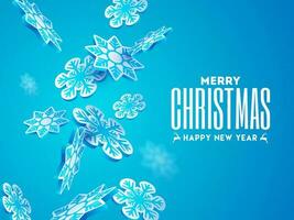 Merry Christmas and Happy New Year greeting card design decorated with 3d paper cut snowflake on blue background. vector