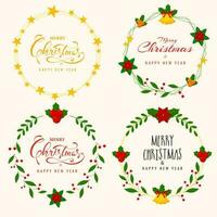 Set of circular frames made by stars with floral patterns for Merry Christmas and Happy New Year celebration concept. vector
