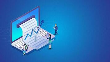 Online report from laptop with magnifying glass and working people analysis on blue background for Company growth or success concept based isometric design. vector