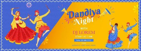 Advertising DJ party header or banner design, illustration of couple dancing with dandiya stick on occasion of Dandiya Night and event detail on abstract background. vector