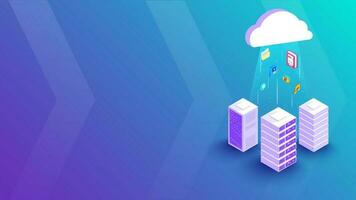 3D isometric illustration of three local server connected with cloud server between glowing rays, business elements for Cloud Storage concept. vector