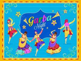 Vintage style Garba Night poster or card design with illustration of couple dancing on blue background decorated with floral design. vector
