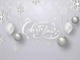 Merry Christmas celebration concept with 3d snowflakes and hanging baubles decorated on grey bokeh background. vector