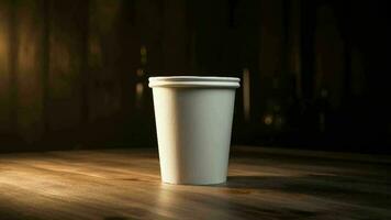 blanco papel café vaso soportes en un de madera mesa. creativo recurso, vídeo animación video