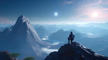 man atop mountain gazes at new horizon, digital art illustration, photo