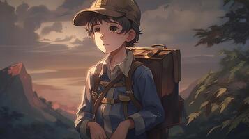 young boy adventurer courier, digital art illustration, photo