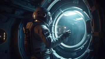 astronaut porthole droid observe space, digital art illustration, photo