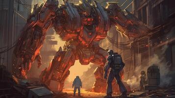 person face off giant robot, digital art illustration, photo