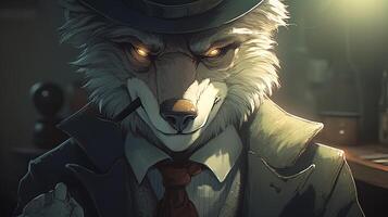 detective wolf, digital art illustration, photo