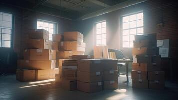 stacked packages in office, digital art illustration, photo