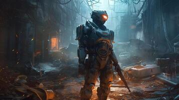 cyberpunk soldier amidst the debris, digital art illustration, photo