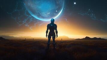 glowing futuristic man in field, digital art illustration, photo