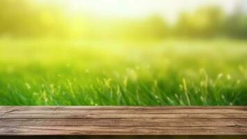 disorientante primavera Comune fondazione con verde inutilizzato delizioso eccitato erba e pulizia di legno tavolo nel natura mattina Aperto vedere a. creativo risorsa, video animazione