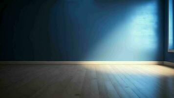 Blau reinigen Teiler und hölzern Fußboden mit neugierig Licht Blendung. kreativ Ressource, Video Animation
