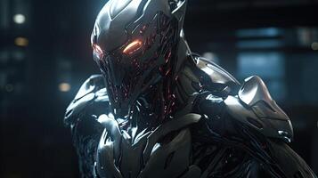 fierce and intimidating alien warrior with cybernetic, digital art illustration, photo