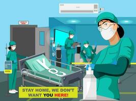 Stay Home, We Don't Want You Here Concept With Empty Bed In Covid-19 Ward. vector