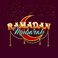 dorado y azul Ramadán Mubarak fuente con creciente Luna en marquesina luces, estrella cuerda en burdeos luces antecedentes. vector
