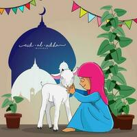 Eid-Al-Adha Mubarak Concept With Muslim Young Girl Praying Before Qurbani Sacrifice Of Goat And Plant Pots On Mosque Background. vector