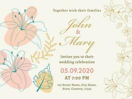 Wedding Invitation Card or Poster Design Decorated with Line Art Flowers and Leaves. vector