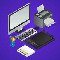 Workplace of 3d Graphic designing tools like as computer with printer, graphic tablet, pen holder on purple background. vector