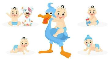 Set of baby character in different activity with toys such as dog and stork on white background for Baby Shower concept. vector