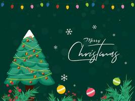 Flat style greeting card design with decorative xmas tree, baubles, pine leaves, berry branches and lighting garland on green background for Merry Christmas celebration. vector