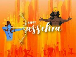 Happy Dussehra poster or banner design with illustration of Lord Rama killing Ravana on abstract orange texture background. vector