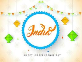 Happy Independence Day poster or banner design with hanging kite and bunting decoration on white background. vector