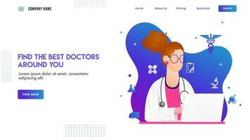 Landing page design with illustration of woman doctor character and medical elements on white and blue background. vector