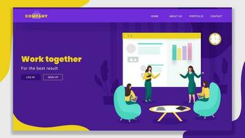 Business women working together with online info graphic presentation on purple background for Teamwork concept based landing page design. vector