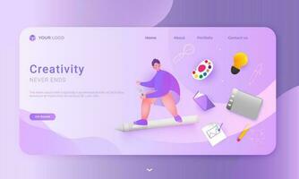 Creative Never Ends of landing page design with man character holding magnifying glass, color palette, book, light bulb, graphic tablet and using painting brush on paper. vector