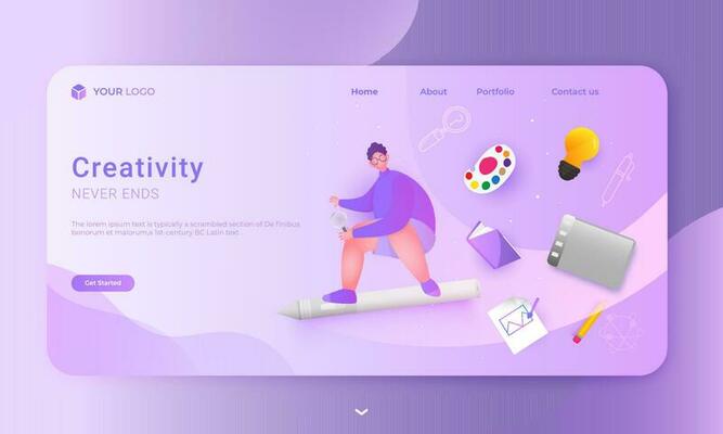 Creative Never Ends of landing page design with man character holding magnifying glass, color palette, book, light bulb, graphic tablet and using painting brush on paper.
