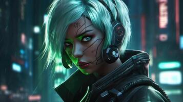 cyberpunk girl with neon green hair, digital art illustration, photo