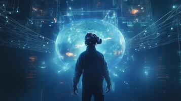 man wearing VR glasses in floating world, digital art illustration, photo