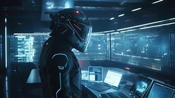 man wearing futuristic helmet stand in front computer, digital art illustration, photo