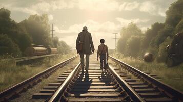 father and son on railroad, digital art illustration, photo