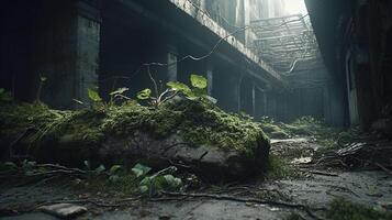 abandoned building with growing plants, digital art illustration, photo