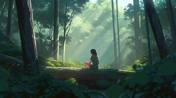 person sitting in green forest, digital art illustration, photo